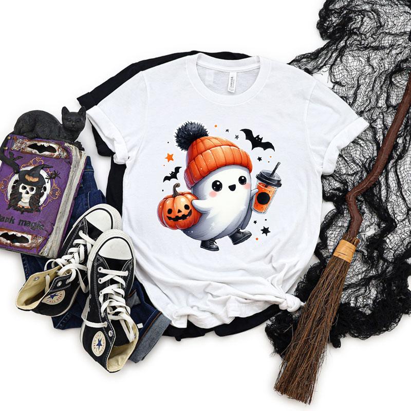Fashion Women Tshirts Funny Halloween Pumpkin Ghost Short Sleeve Tshirt Pumpkin Coffee Graphic Tee Retro Halloween Ghost Tops S