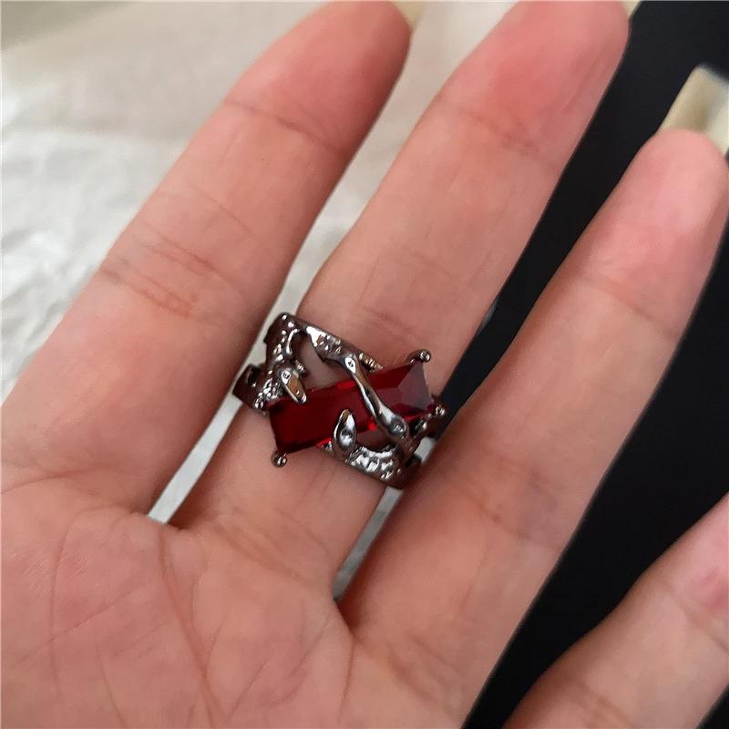 Goth Punk Retro Red Crystal Love Heart Cross Geometry Irregular Open Ring Set Y2K Halloween Accessories For Women  Jewelry
