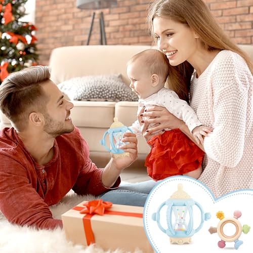 2 Pack Baby Teething Toys for 6-12 Months, Sensory Teether, Montessori Baby Rattle Teether Toy as Gifts for Boys Girls (Blue)