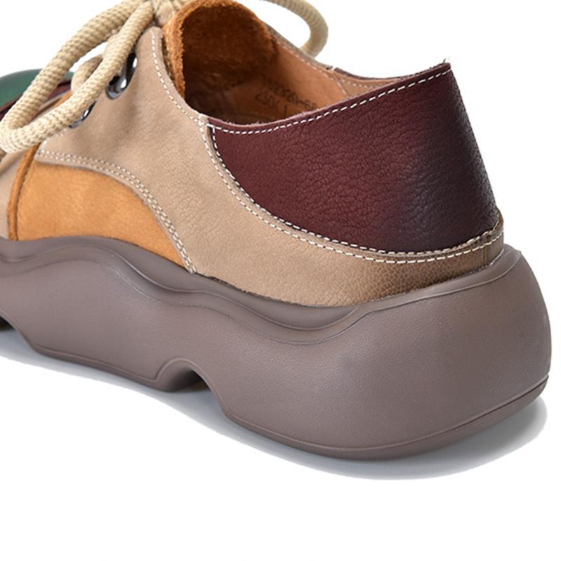 Johnature Genuine Leather Lace-up Thick Soled Shoes Retro Mixed Colors Round Toe Women's Flat Shoes