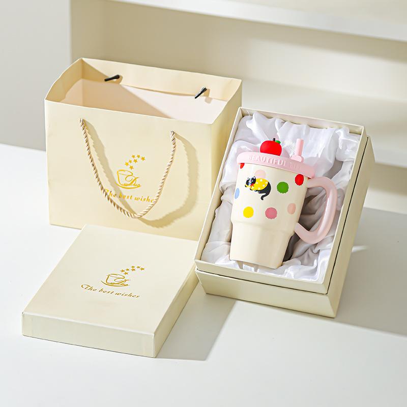 Apple Sippy Cup for Girls Birthday Girl Heart Cat Sippy Cup Cute Ceramic Mug Souvenir Gift Box