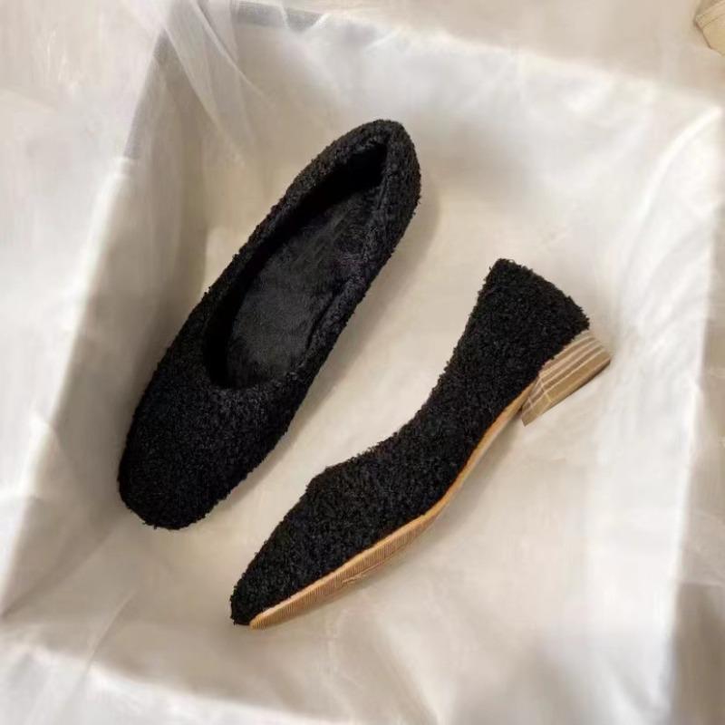 

Coarse heel plush single shoes women s shoes spring and autumn new shallow mouth versatile one-pedal cotton shoes temperament ladyshoes 40 чёрный