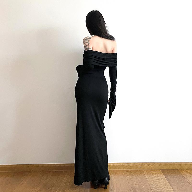 Women's Solid Colour Temperament One Shoulder Long Ruffle Hem Split Long Sleeve Dresses