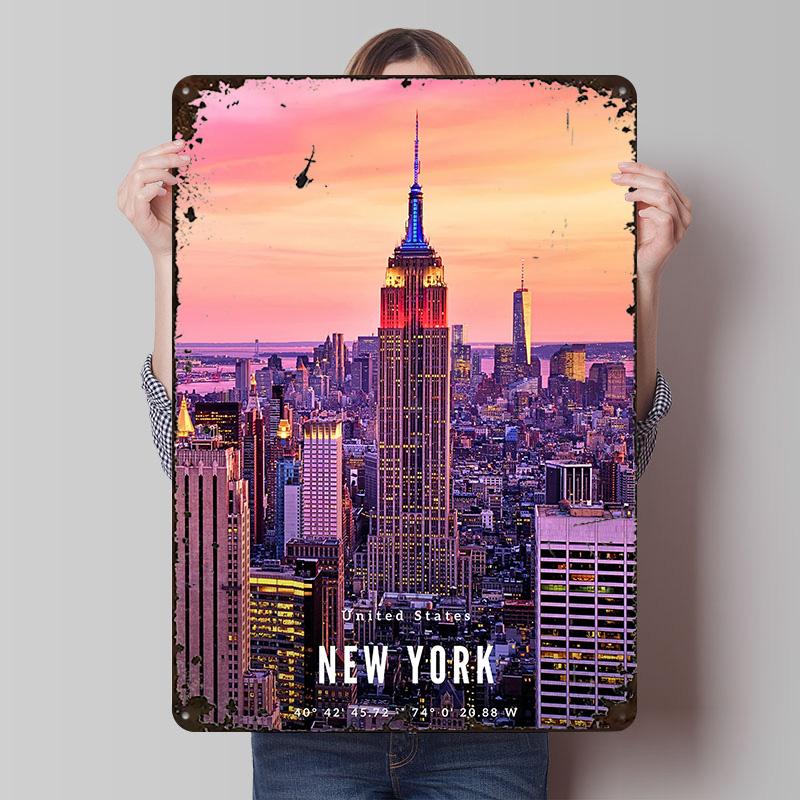 New York City Skyline Poster Customized Wall Art Vintage Metal Signs Retro Tin Plaque for Man Cave Office Decoration Gaming Home