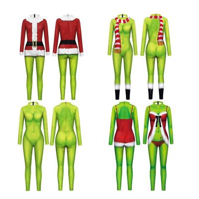 Christmas Women Jumpsuit 3d Print Xmas Party Clothes Green Guy Pattern Costume Zentai Suit Holiday Cosplay Catsuit