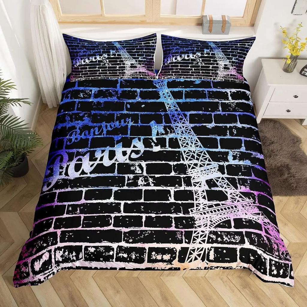 Vintage Eiffel Tower Duvet Cover Set Modern 3D Paris Theme Bedding Sets World Famous City Landscape Comforter Cover Quilt Cover
