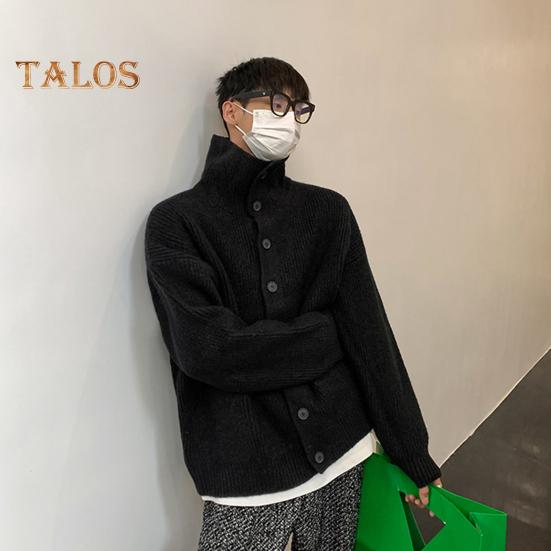 Fall Winter Men Sweater Cardigan High Collar Neck Protection Knit Thick Elastic Long Sleeves Loose Warm Solid Color Knitwear Daily Wear Sweater Coat