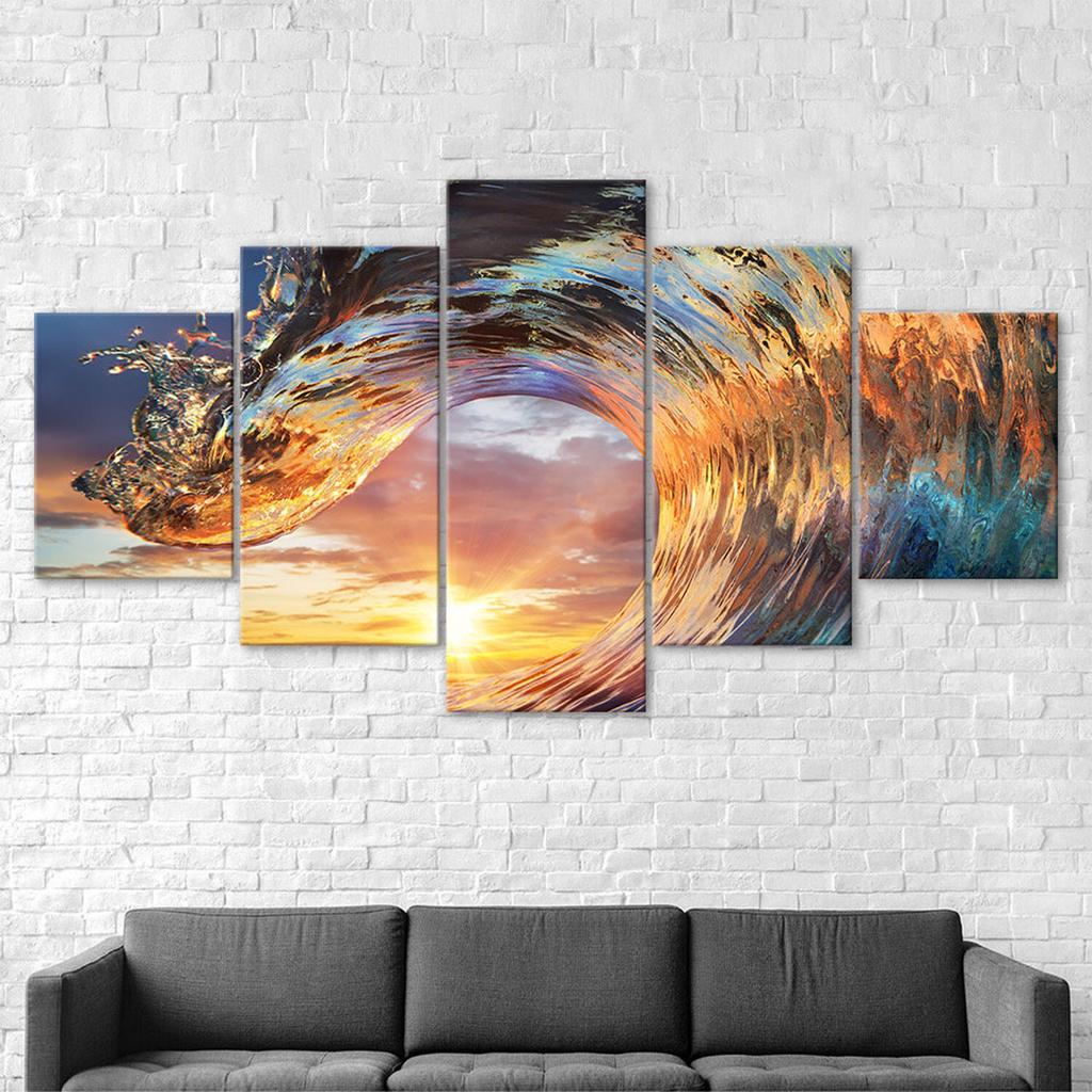 Sunset Beach Wave Ocean Scene 5 Piece Five Panel Wall Canvas Print Modern Art Poster Home Decor Gift For Him For Her