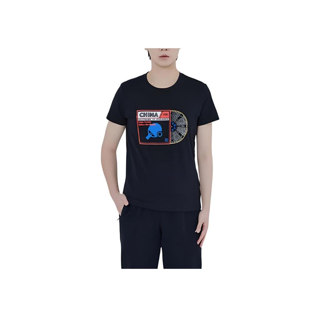 Li Ning Table Tennis Series Logo Print Round Neck Short Sleeve T-Shirt Unisex Tops Black ATST027-3