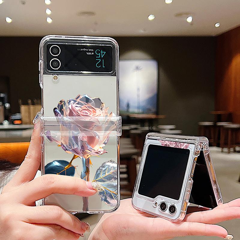 Rose Pattern Clear Phone Case For Samsung Galaxy Z Flip6 Flip5 Flip4 5G Hard PC Flower Folding Cover For Samsung Z Flip 6 5 4 3