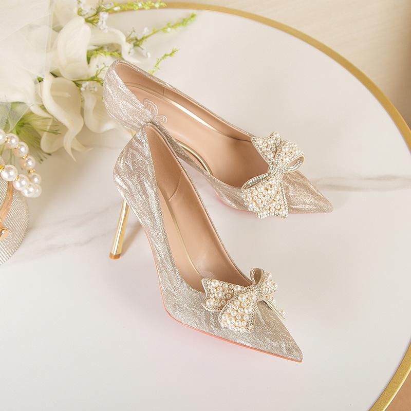 2025 Spring Crystal Pearl Bow-knot Women Pumps 6cm 8cm High Heels Fashion Bling Summer Stiletto Party Wedding Prom Shoes WSH4857