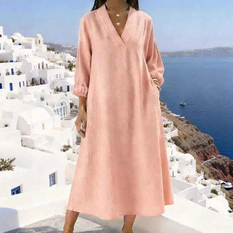 Neues lässiges Langarm-V-Ausschnitt-Einfarbiges Mehrfarbiges Damen-Schlauchkleid