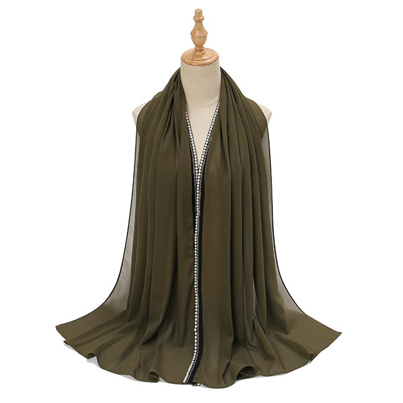 New Ramadan Chiffon Hijab Scarf With Pearls Beads Muslim Hijab With Chain Solid Long Shawls Headscarf Wraps Islamic Headband