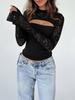 Women's Lace Long Sleeve Going Out Tops Sexy Y2K Crew Neck Cutout Double Lined Slim Night Out Shirts