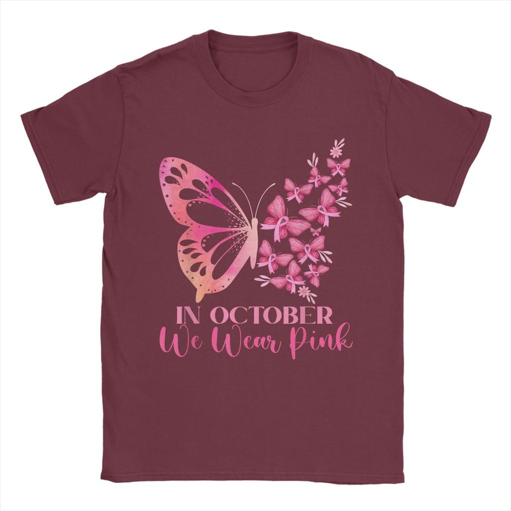 In October We Wear Pink Butterfly Breast Cancer Awareness Men T Shirts  Hipster Tee Shirt Short Sleeve Round Collar T-Shirt Tops