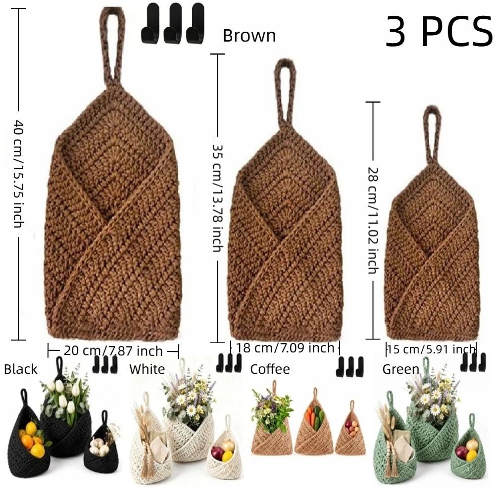 3PCS/SET Hand Woven Fruit Vegetables Basket Cotton Rope Wall Mounted Kitchen Storage Basket Breathable Mesh Pocket Fruit Net Bag