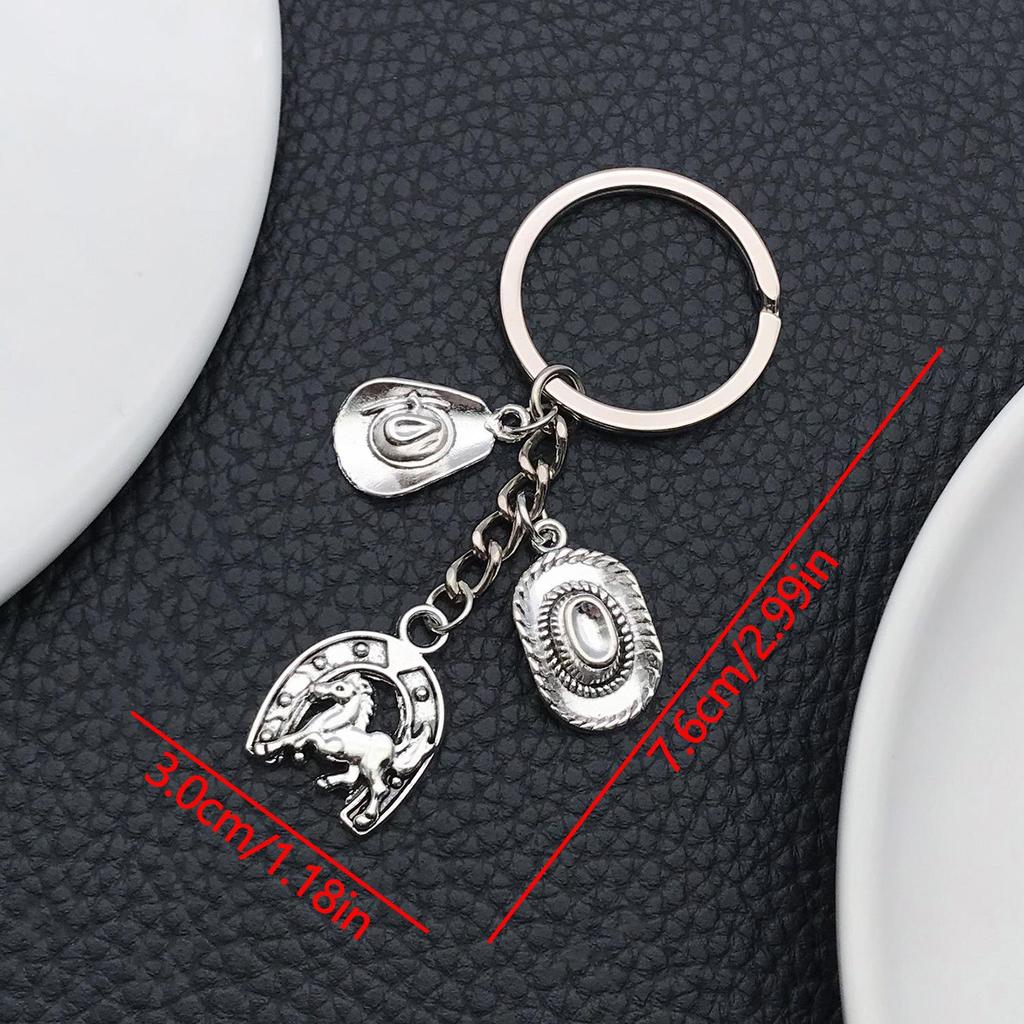 Antique Silver Horse Hoof Cowboy Hat Keychain - Creative Zinc Alloy Backpack Ornament & Gift Pendant