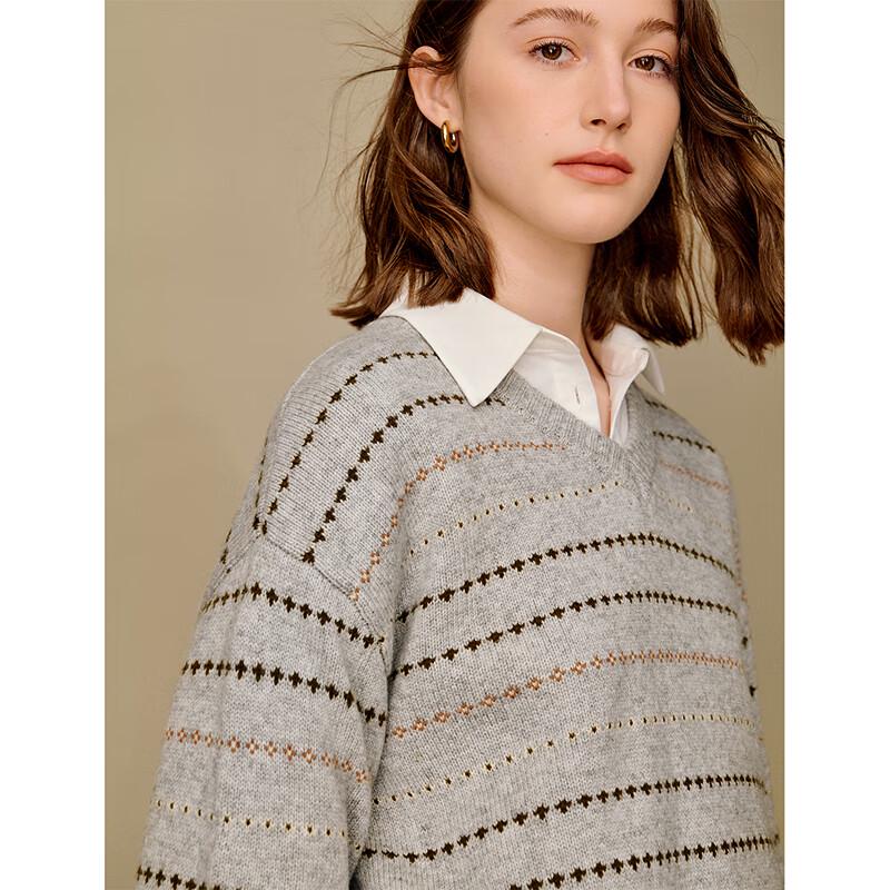 Yinman Striped V-Neck Wool Blend Knit Sweater