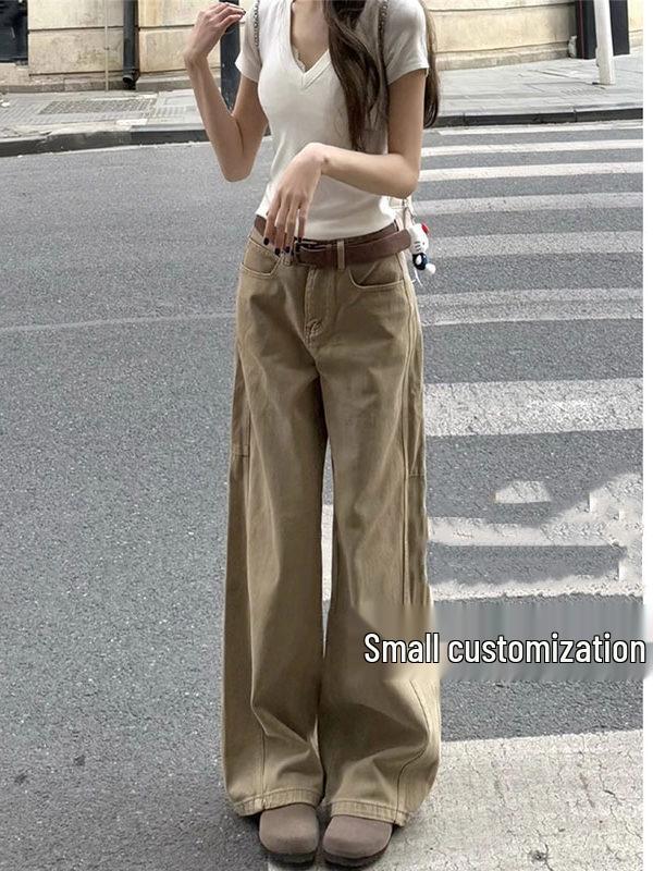 Petite Korean Style High-Waisted Khaki Wide-Leg Jeans for Women - Slimming, Loose, Casual, Straight Long Pants for Summer