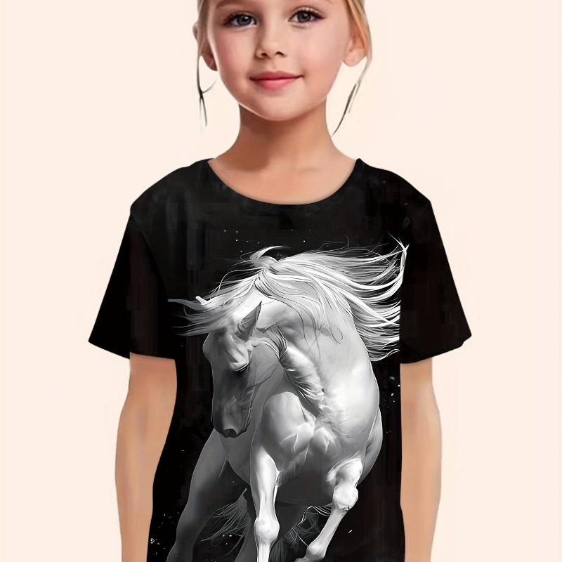 Children's Clothing Girl Clothes Short Sleeve Girl Casual Vintage Horse Print Kids Summer Clothes