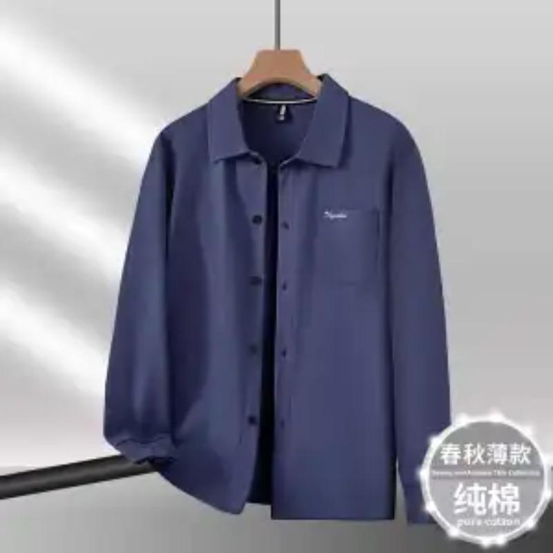 

Spring Autumn Pure Cotton Long-sleeved Lapel Cardigan Middle-aged Elderly Tops Bottoming Shirt Grandpa M синий