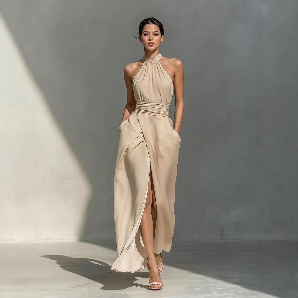 Damen Neckholder Ärmelloses Midi-Kleid Figurbetont Hoher Bund Elegant Einfarbig Schlitz Wickelkleid