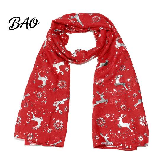 Holiday Elk Snowflake Wrap Christmas Theme Scarf for Women, Glitter Sparkly Foil Reindeer Winter Print Scarves, Lightweight Soft Shawl Fall Cold Proof