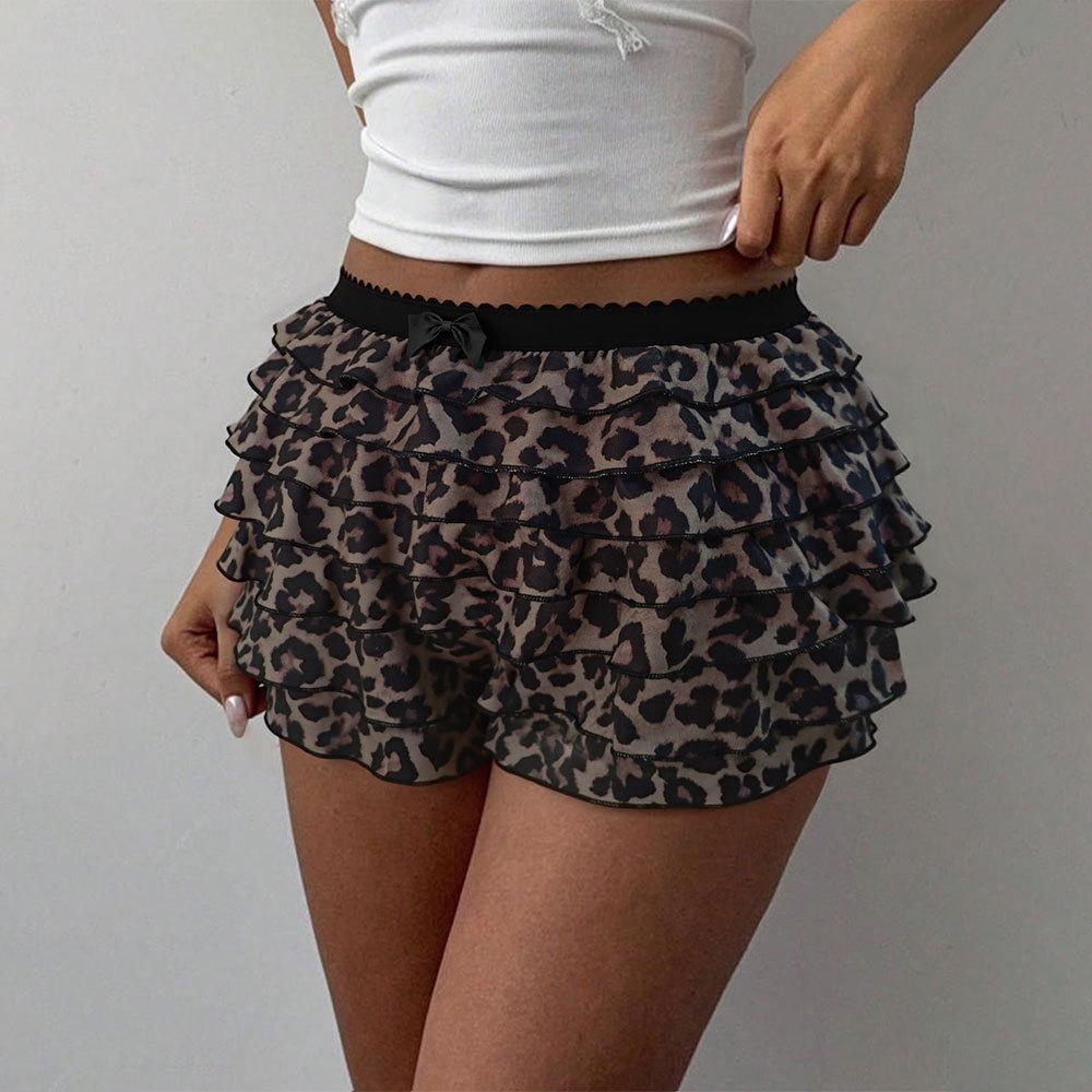 Leopard Print Ruffled Cake Shorts Low Waist Slim Fit Sweet Cool Style S