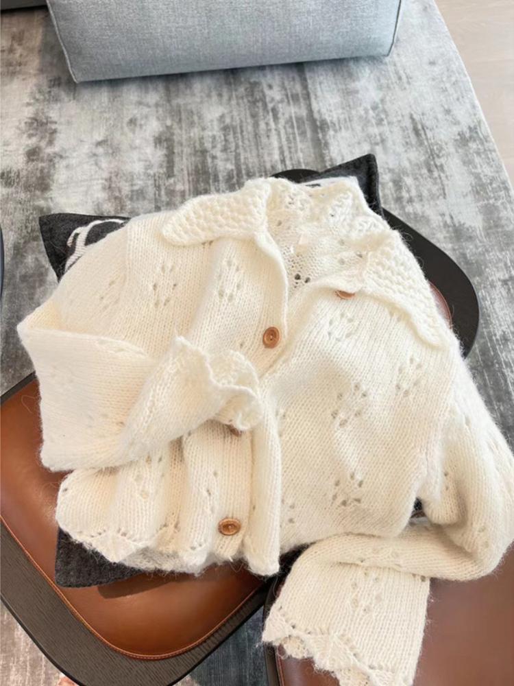 

Осенняя корейская мода милый вязаный кардиган женский новый дизайн ретро свободный вязаный свитер женский ажурный стиль повседневная однотонная одежда M белый