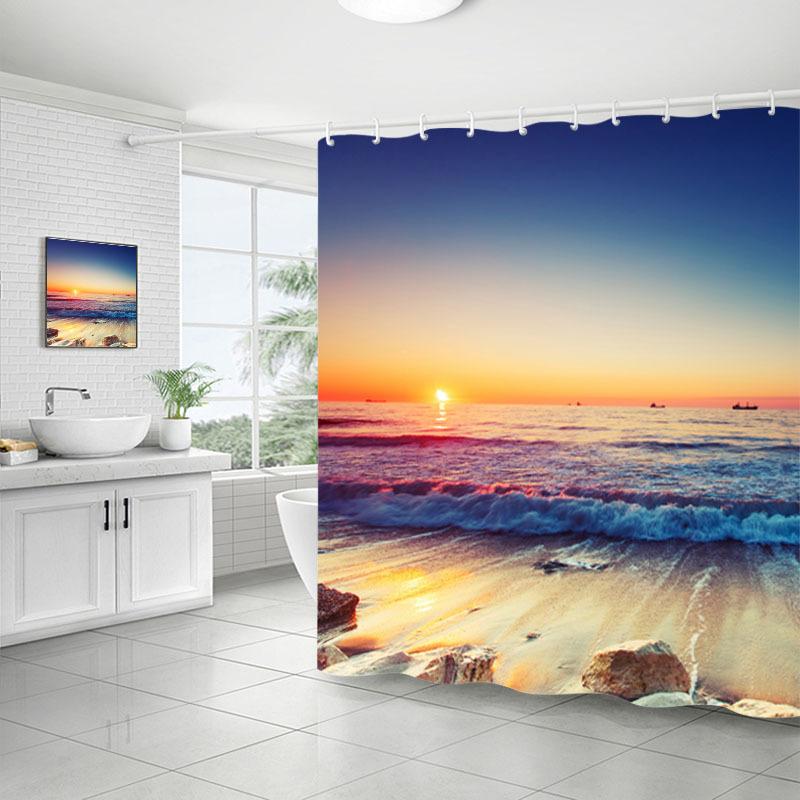 Shower Curtain Bathroom Fabric Non-Punching Beach Natural Scenery Digital Printing Shower Curtain With 12 Hooks