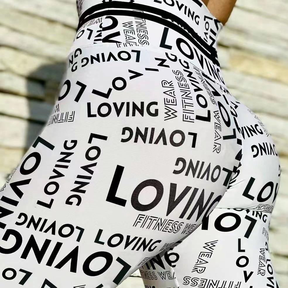 Classic black and white letter high waisted printed yoga pants for women's fitness pants