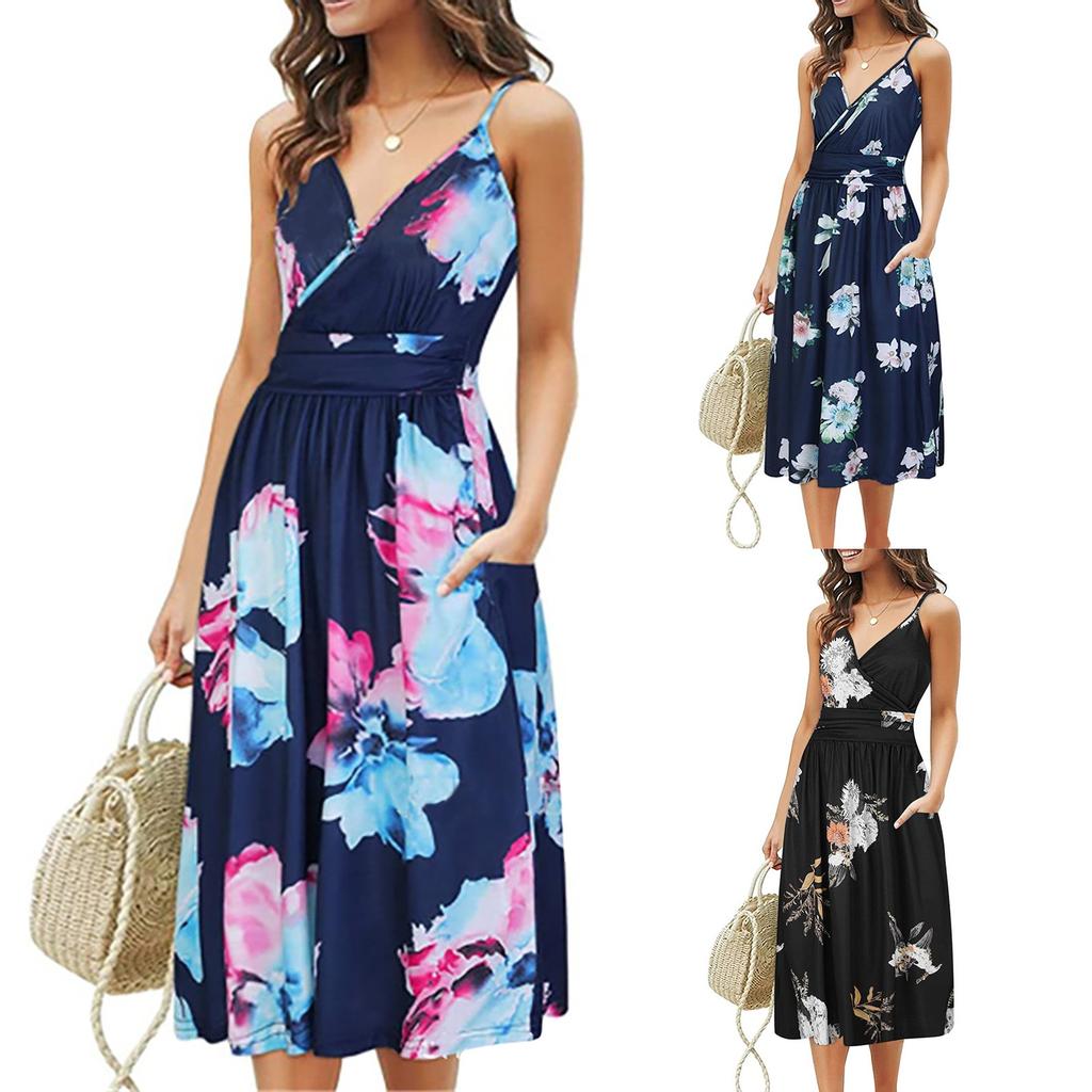 Women Casual Loose Pocket  Dress Fashion Beach Style Sleeveless Temperamental