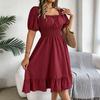 Women's Square Neck Puff Sleeve Midi Dress, Smocked Waist Ruffle Hem A-Line Casual Dress for Spring and Summer