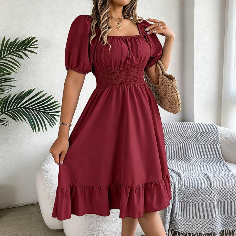 Women s Square Neck Puff Sleeve Midi Dress, Smocked Waist Ruffle Hem A-Line Casual Dress for Spring and Summer S красный