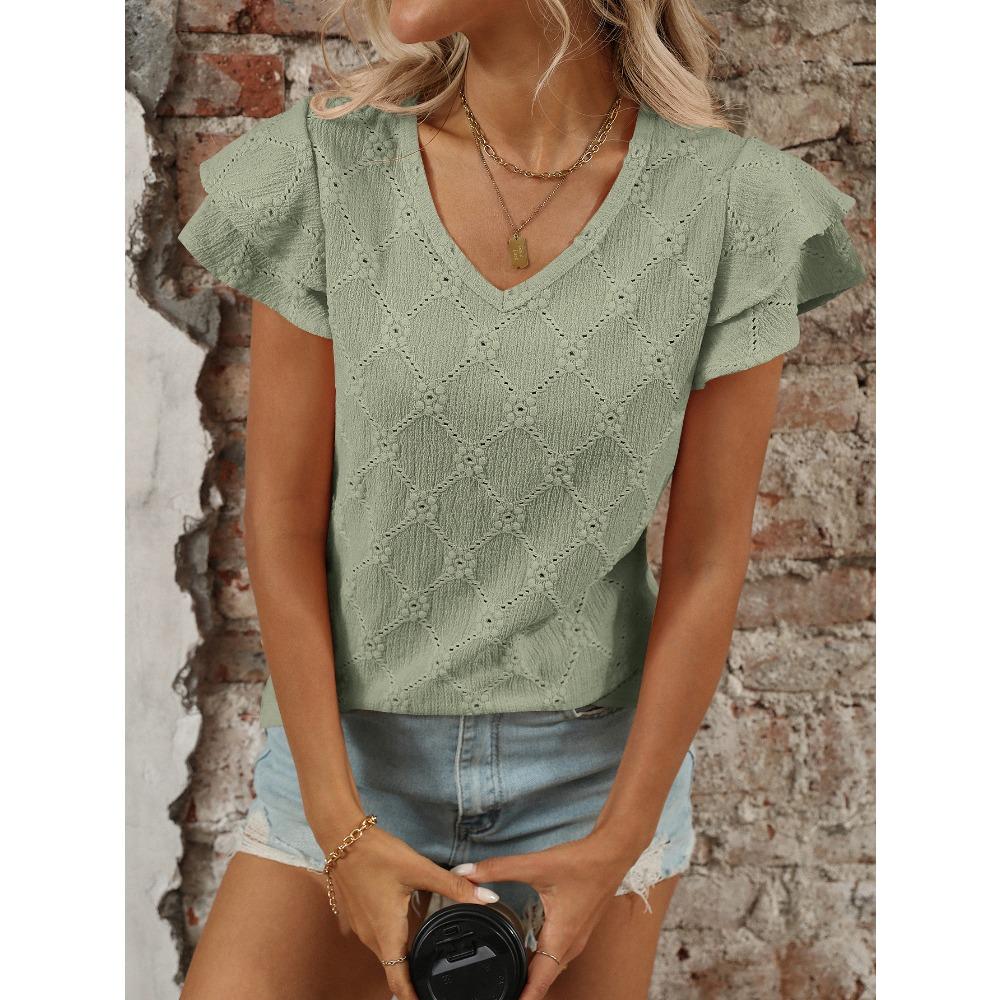 Frisches Sommer Damen Einfarbiges V-Ausschnitt Süßes Kurzarm T-Shirt Ausgehöhltes Top