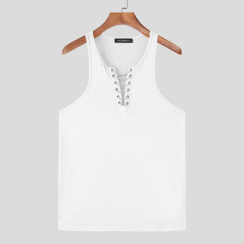 INCERUN Topuri Casual Bărbați Fără Mâneci cu Șireturi, Strâmte, Maiouri