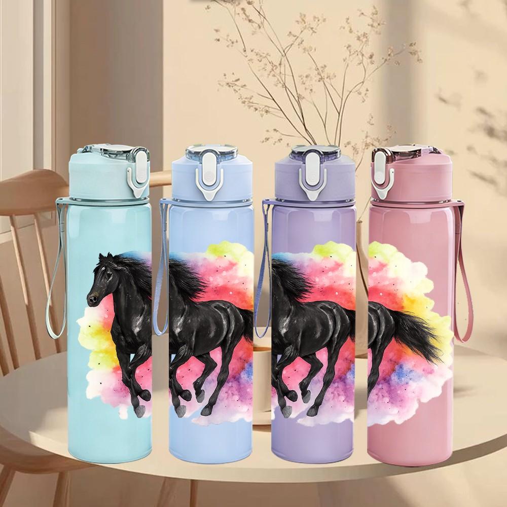 1PC Colorful Running Horse Art 750ml Color Plastic Sports Water Bottle Leakproof Flip Straw Lid Suitable for Sports Office Home Use