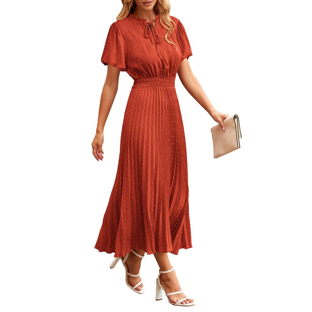 Women's Summer Fashion Loose V-Neck Short Sleeve Tie Solid Color Dresses