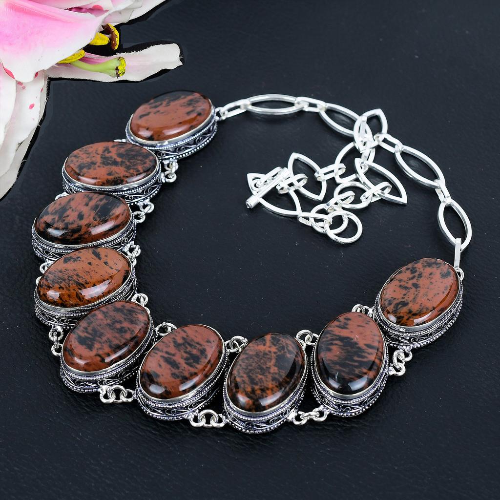 Mahogany Obsidian Gemstone 925 Sterling Silver Jewelry Necklace 18" KG-1632