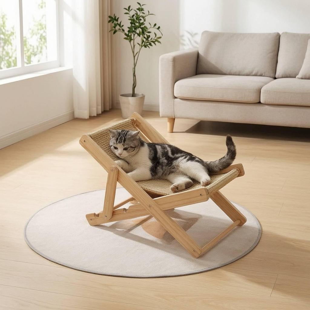 Cat Lounger with Wooden Frame Adjustable Low-Slung for Living Room