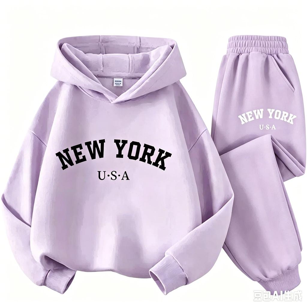 Children's hoodie andtrousersset featuring "New York USA" lettering;Autumn/Winter collection sportswear set for boys and girls.