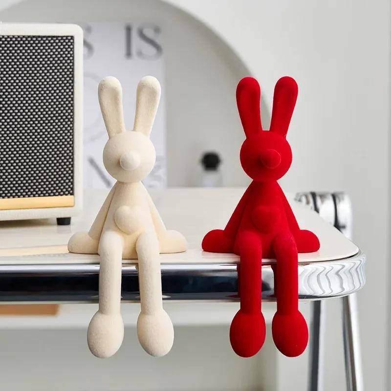 Neue nordische sitzende Kaninchen-Beflockungsfigur mit langem Ohr, TV-Weinschrank, moderne Kunst, Dekoration für Zuhause, Desktop, Veranda, Skulptur, Handwerk