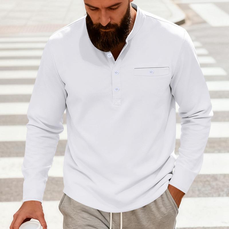 Men Solid Color Long Sleeve Round Neck Button Decor Casual Loose Polo Shirt