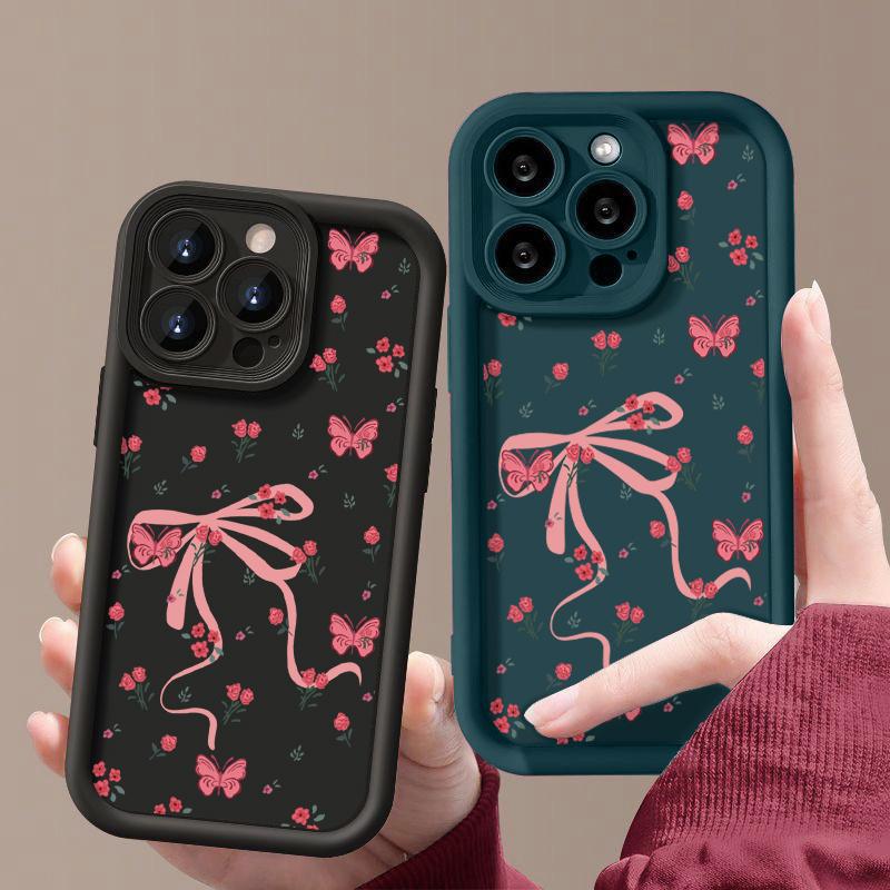 Carcasă Mată TPU cu Imprimeu Floral și Fundă pentru iPhone 16 Pro Max 15 Pro 14 13 12 11 XS XR Protecție Obiectiv Rezistent la Șocuri Husă Moale Silicon Telefon