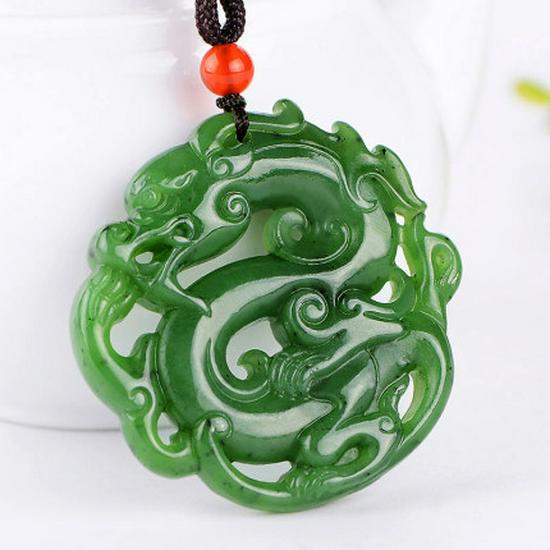 Xinjiang Hotan Green Jade Dragon Pendant, Antique Style, Certified Hollowed Jade Design.