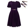 Women's Round Neck Puff Short Sleeve Midi Dress Loose Fit High Waist Elegant Solid Color A Line Dress Daily Casual Dress