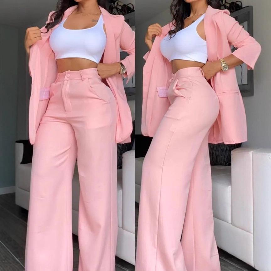 2025 Damski Letni Elegancki Garnitur w Jednolitym Kolorze z Rozcięciem na Rękawie, Klapami i Spodniami z Prostą Nogawką