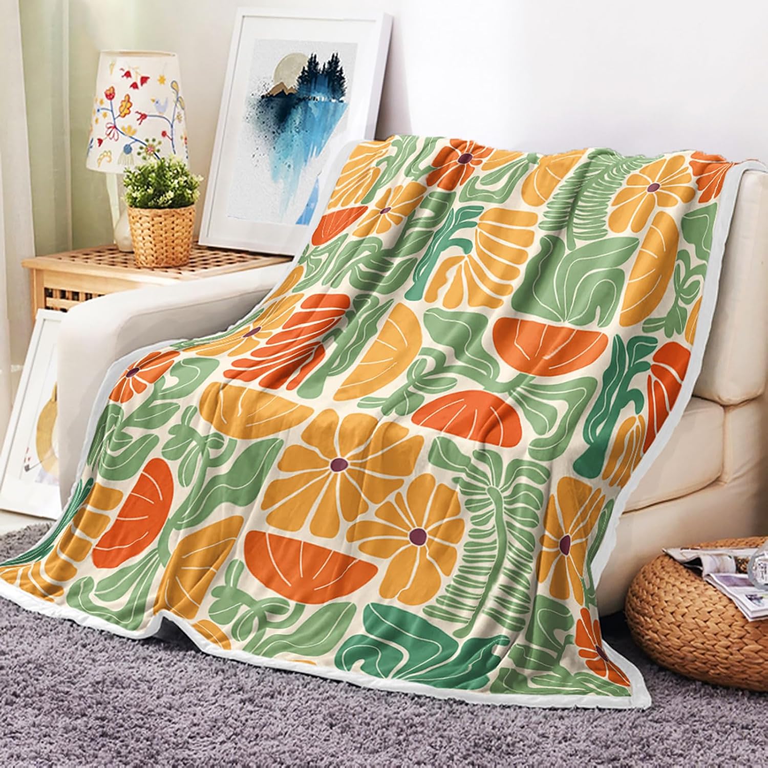 Boho Abstract Colorful Floral Throw Blanket, Vintage Retro Patchwork Orange Green Flower Botanical Geometric Aesthetic Flannel 75X95CM