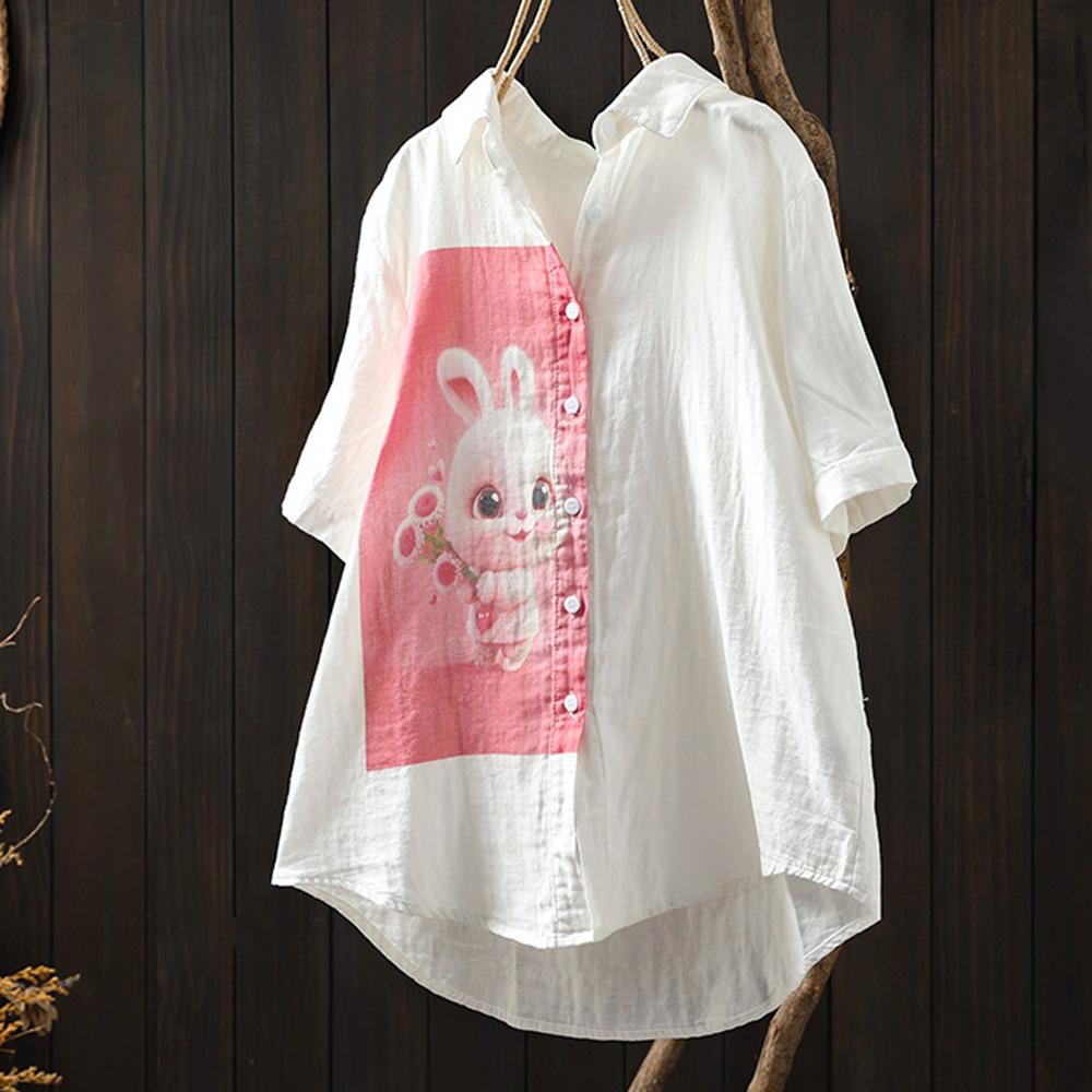 Double Layer Cotton Yarn Shirt Vintage Floral Printed Lapel Women Beach Blouse Half Sleeve Oversized Japanese Korean Shirts