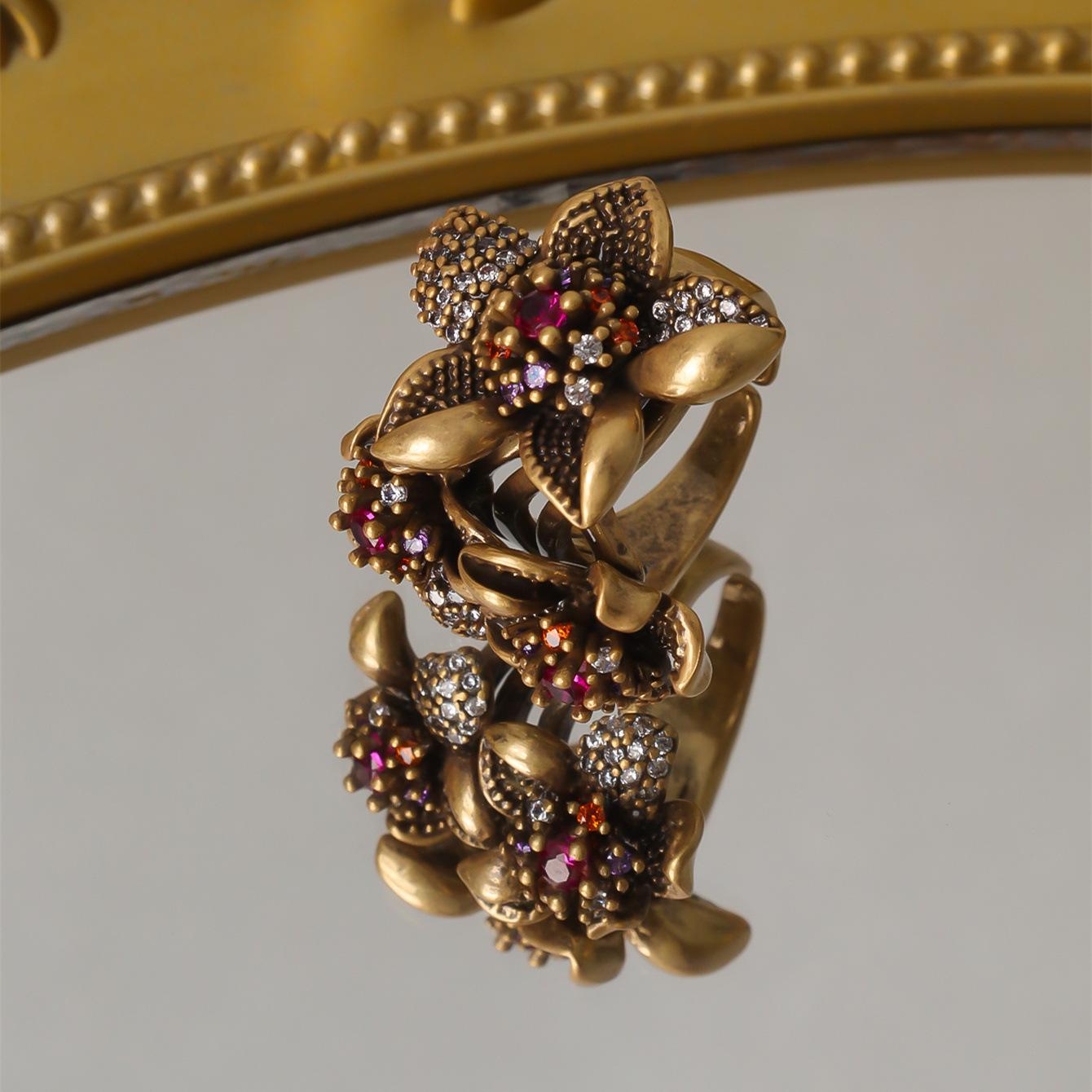 

Retro Vintage Multi Bunch Flower Earring Ring Set With Colorful Zircon Stamens Fashionable Niche Women